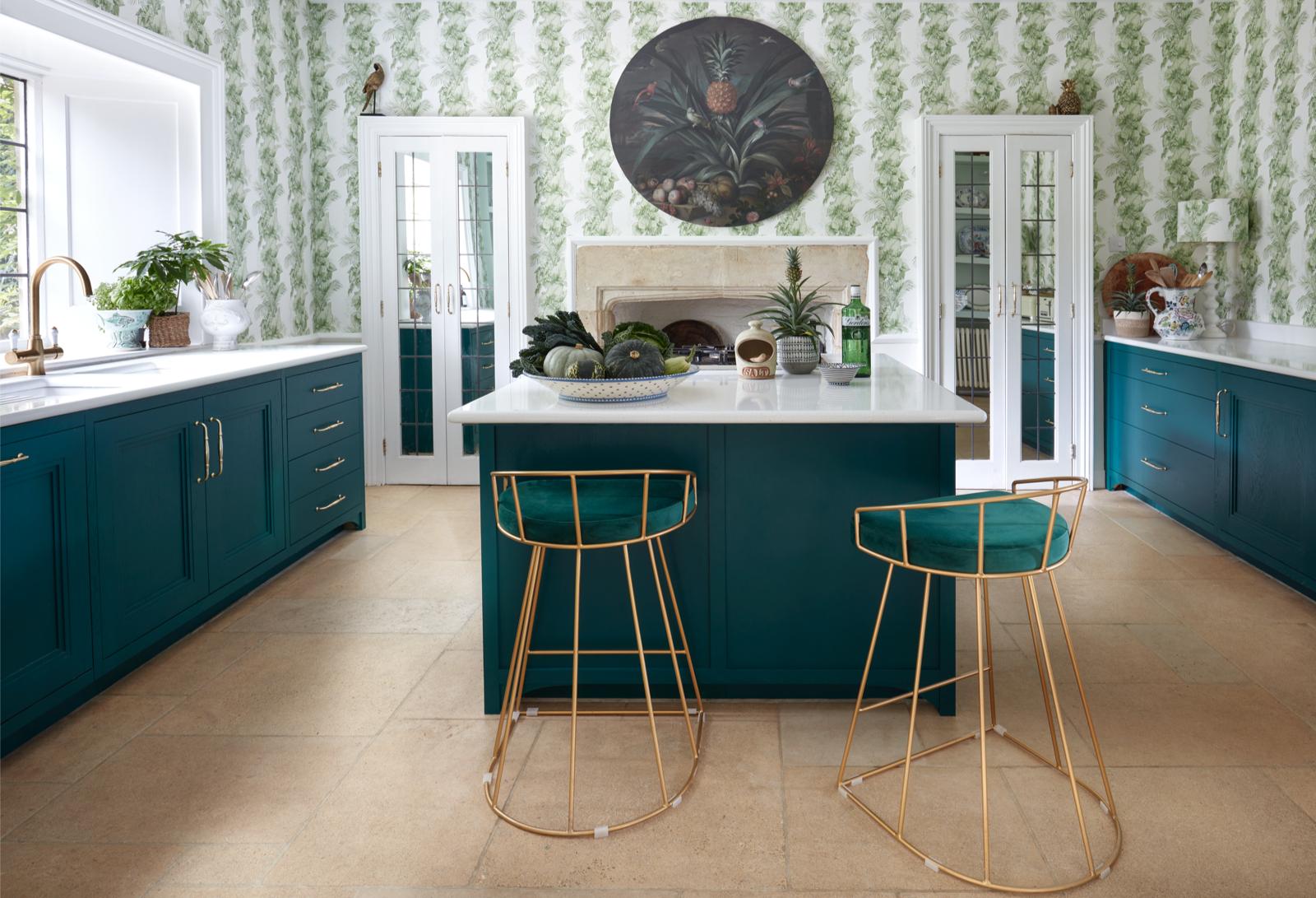 Kitchen painted for Laurence Lewelyn-Bowen in Gin Bottle Green, Cirencester, Cotswolds